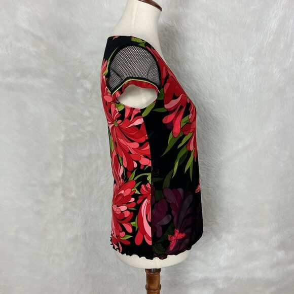Anac Short Sleeve Mesh Floral Butterfly Black Pink Red T-Shirt L - Picture 5 of 7